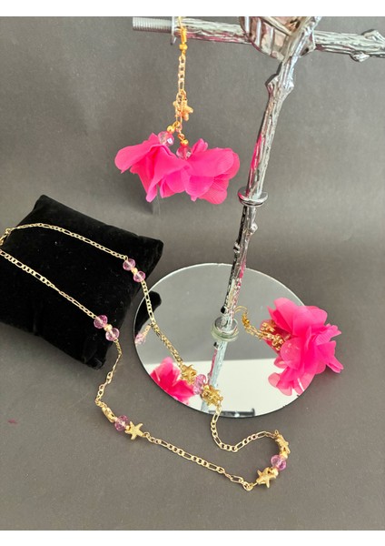Fuşya Çiçekli Boncuklu Kolye ve Küpe Seti