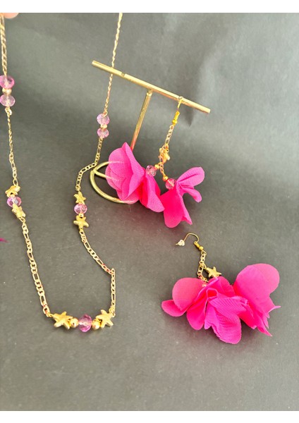 Fuşya Çiçekli Boncuklu Kolye ve Küpe Seti fiyatları