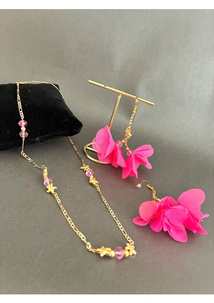Fuşya Çiçekli Boncuklu Kolye ve Küpe Seti modelleri