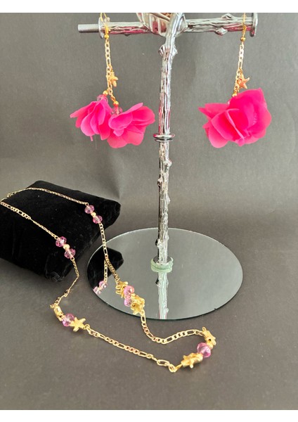 Fuşya Çiçekli Boncuklu Kolye ve Küpe Seti fırsatları