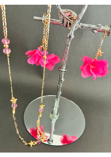 Fuşya Çiçekli Boncuklu Kolye ve Küpe Seti indirimleri