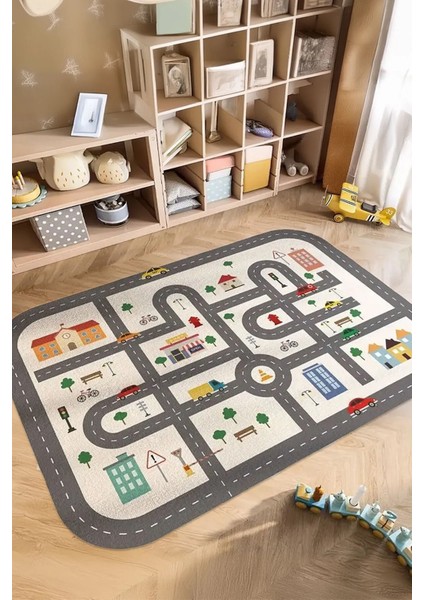 Dijital Kaymaz Yıkanabilir Oval Köşeli Araba Yollu Oyun Halısı Çocuk Odası Halısı Oyun Matı DC-9133