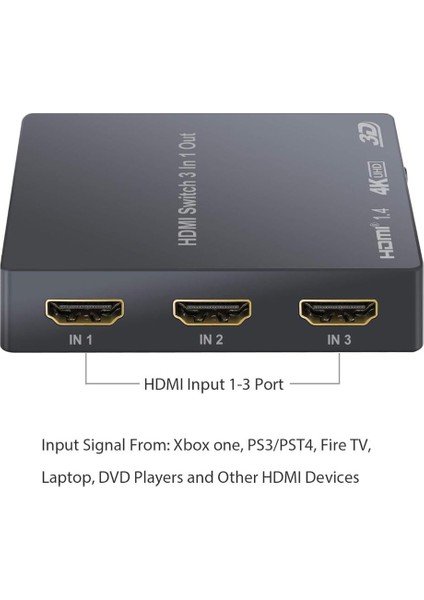 4K HDMI Anahtarı, Ir Uzaktan Kumandalı 3'ü 1 Arada Çıkış, 4K 3D HDMI Dönüştürücü - Dvd/ Ps3 / Ps4 / Tv Vb. ile Uyumludur.