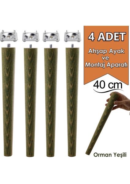 4 Adet Ahşap Ayak 40 cm Orman Yeşili M8 Civatalı Bağlantı Aparatlı Mobilya Tabure Sehpa Masa Destek Ayağı