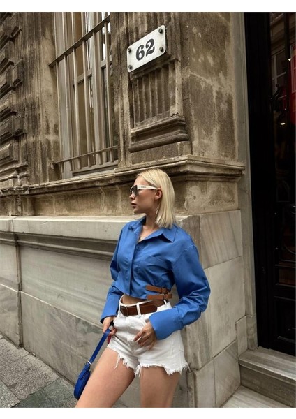 Gömlek Poplin Crop Yan Çift Kemer Detaylı - Mavi