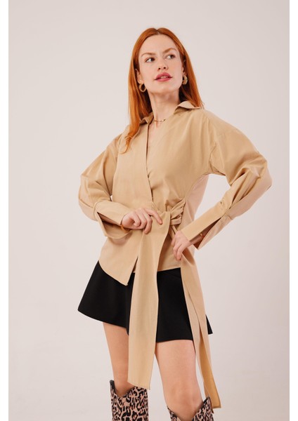 Kruvaze Yaka Yandan Bağlama Detaylı Camel Gömlek indirimleri
