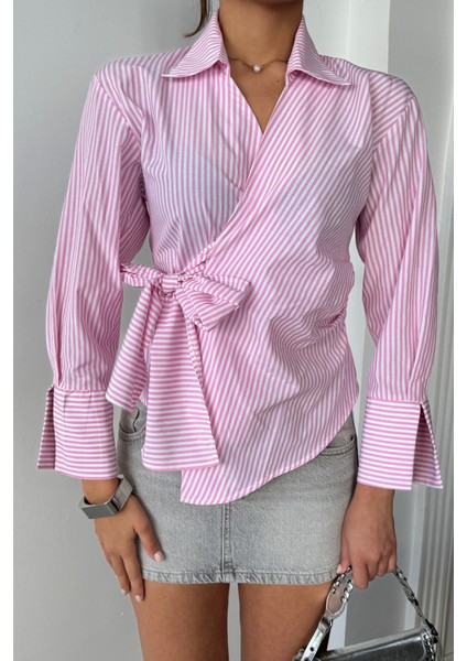 Çizgili Poplin Kruvaze Bağlamalı Gömlek - Pembe fiyatları
