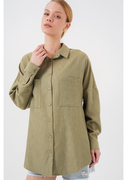 20126 Oversize Keten Gömlek - Çağla modelleri