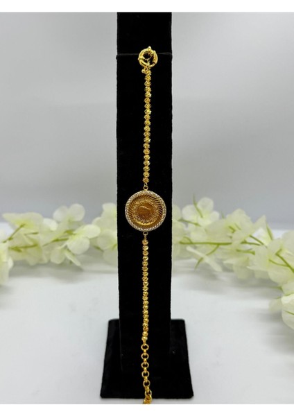 22 Ayar Altın Kaplama Burgu Zincirli Tuğra Motifli Bileklik LVD522-1