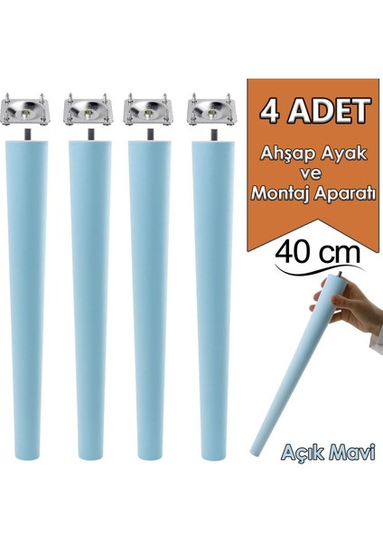 4 Adet Ahşap Ayak 40 cm Açık Mavi M8 Civatalı Bağlantı Aparatlı Mobilya Tabure Sehpa Masa Destek Ayağı