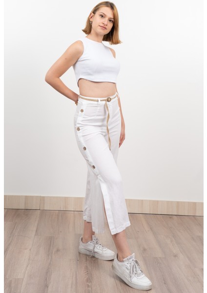 Yan Yarım Yırtmaçlı Süs Düğmeli Hasır Kemerli Keten Midi Boy Pantolon 30274