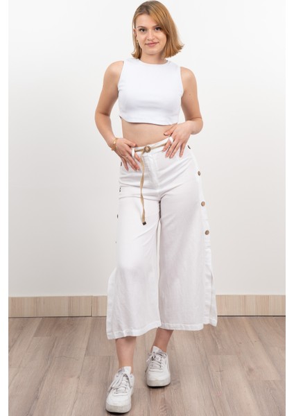 Yan Yarım Yırtmaçlı Süs Düğmeli Hasır Kemerli Keten Midi Boy Pantolon 30274 modelleri
