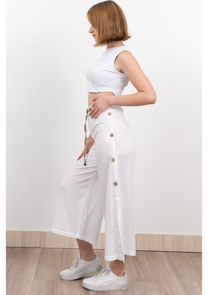 Yan Yarım Yırtmaçlı Süs Düğmeli Hasır Kemerli Keten Midi Boy Pantolon 30274 fırsatları
