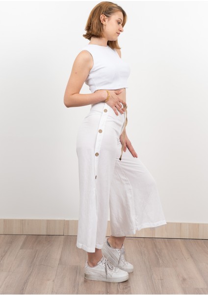 Yan Yarım Yırtmaçlı Süs Düğmeli Hasır Kemerli Keten Midi Boy Pantolon 30274 indirimleri