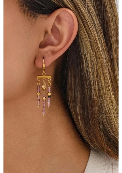 Ametist Doğaltaşlı Altın Kaplama Kadın Küpe