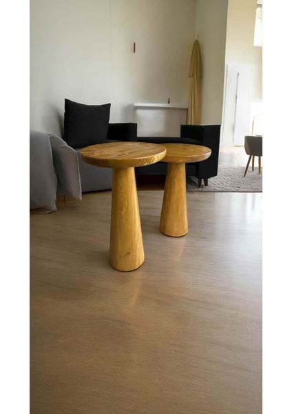 Ahşap Doğal Masif Yan Sehpa – 2’li Tütün Renk Zigon Fiskos Sehpa Seti