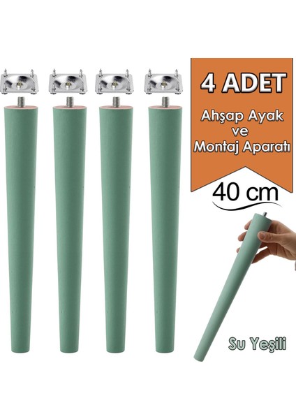 4 Adet Ahşap Ayak 40 cm Su Yeşili M8 Civatalı Bağlantı Aparatlı Mobilya Tabure Sehpa Masa Destek Ayağı