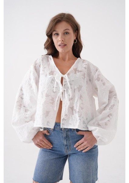 Kadın Beyaz Yakma Şifon Desenli Organze Bluz 29101