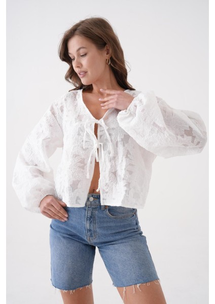 Kadın Beyaz Yakma Şifon Desenli Organze Bluz 29101 fiyatları