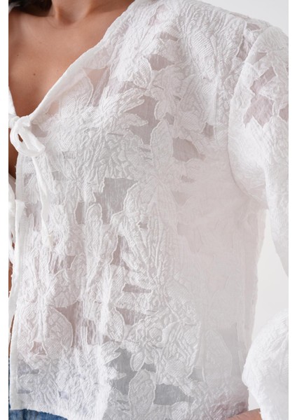 Kadın Beyaz Yakma Şifon Desenli Organze Bluz 29101 modelleri
