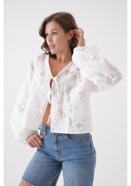Kadın Beyaz Yakma Şifon Desenli Organze Bluz 29101 fırsatları