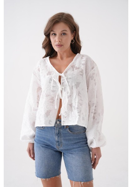 Kadın Beyaz Yakma Şifon Desenli Organze Bluz 29101 indirimleri