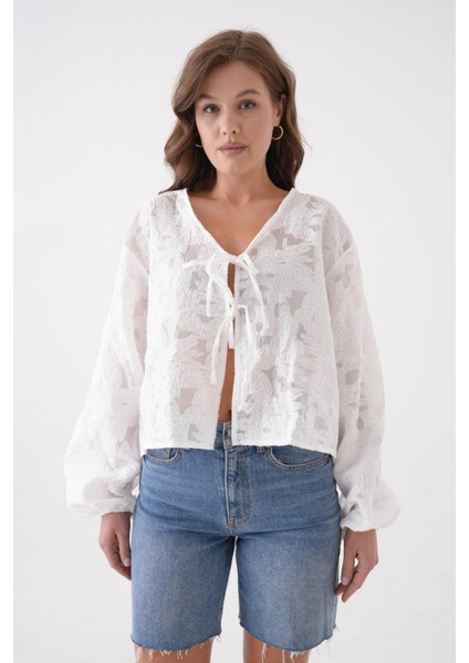 Kadın Beyaz Yakma Şifon Desenli Organze Bluz 29101
