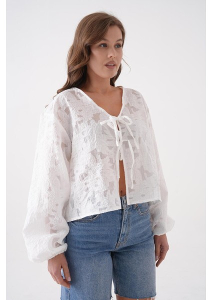 Kadın Beyaz Yakma Şifon Desenli Organze Bluz 29101