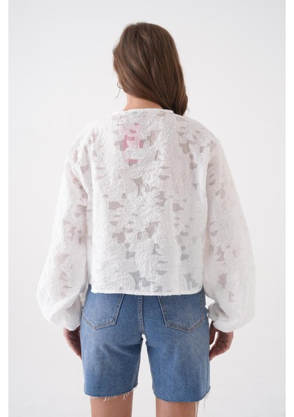 Kadın Beyaz Yakma Şifon Desenli Organze Bluz 29101