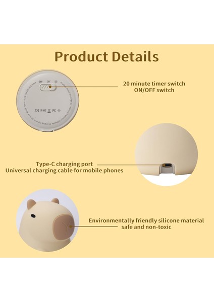 Çocuk Bebek Odası Kapibara Figür Gece Lambası LED Işıklı Sevimli Figürlü Dokunmatik Silikon Şarjlı