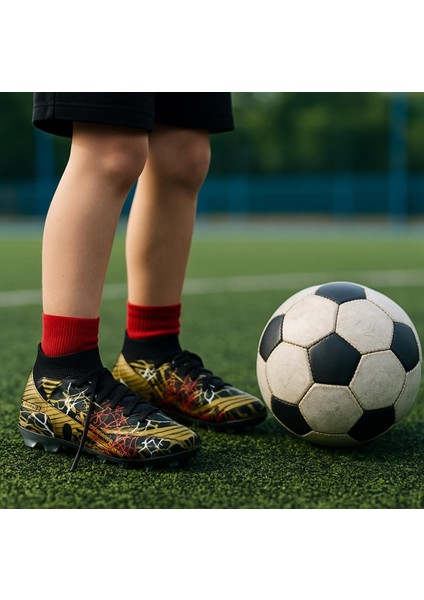 Çocuk Likralı Çoraplı Vinnex Spor Krampon Ayakkabı-Siyah-Altın