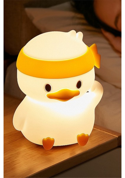 Çocuk Bebek Odası Bandanalı Ördek Figür Gece Lambası LED Işık Sevimli Figürlü Dokunmatik Şarjlı