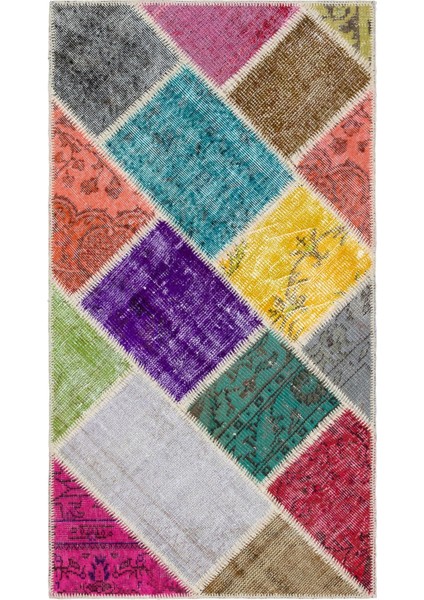 Teselya Mavi Patchwork Yün Modern Desenli Yün Hav Toz Vermez Leke Tutmayan Salon Yolluk Mutfak El Dokuma Halı