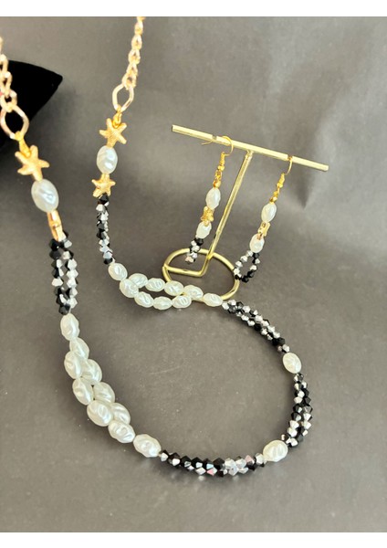 Incili Deniz Yıldızlı Parlak Boncuklu Altın Kaplama Malzemeli Boncuklu Kolye ve Küpe Seti