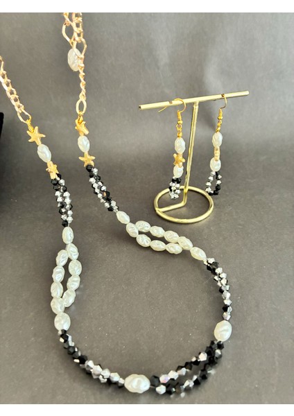 Incili Deniz Yıldızlı Parlak Boncuklu Altın Kaplama Malzemeli Boncuklu Kolye ve Küpe Seti fiyatları