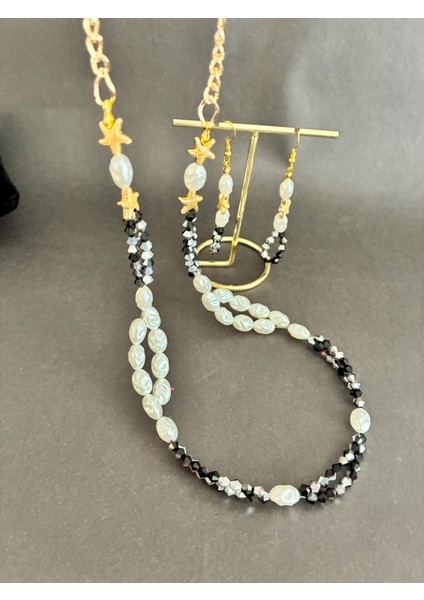 Incili Deniz Yıldızlı Parlak Boncuklu Altın Kaplama Malzemeli Boncuklu Kolye ve Küpe Seti modelleri