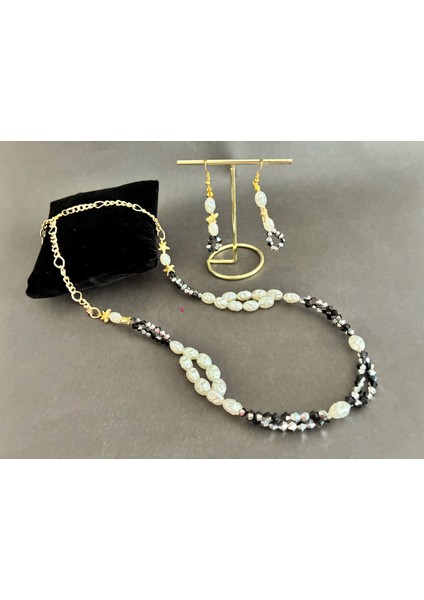 Incili Deniz Yıldızlı Parlak Boncuklu Altın Kaplama Malzemeli Boncuklu Kolye ve Küpe Seti fırsatları