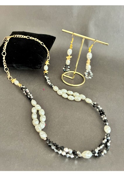 Incili Deniz Yıldızlı Parlak Boncuklu Altın Kaplama Malzemeli Boncuklu Kolye ve Küpe Seti indirimleri