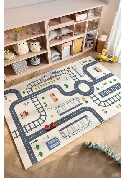 Dijital Kaymaz Yıkanabilir Tren Araba Yollu Çocuk Halısı Oyun Matı Oyun Halısı DC-9137