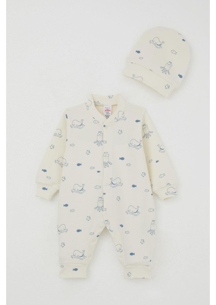 Erkek Bebek Tulum Sevimli Deniz Hayvanları Desenli 0-6 Ay, Krem