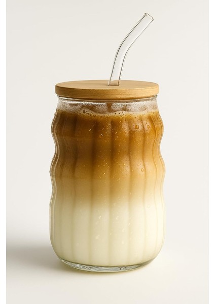 Bardağı Isıya Dayanıklı Ice Latte Cam Pipetli Bardak Kahve Kokteyl Cam Sunum Bardağı Meşrubat Kapaklı Bardak 400ML (Tek, Adet, 2)