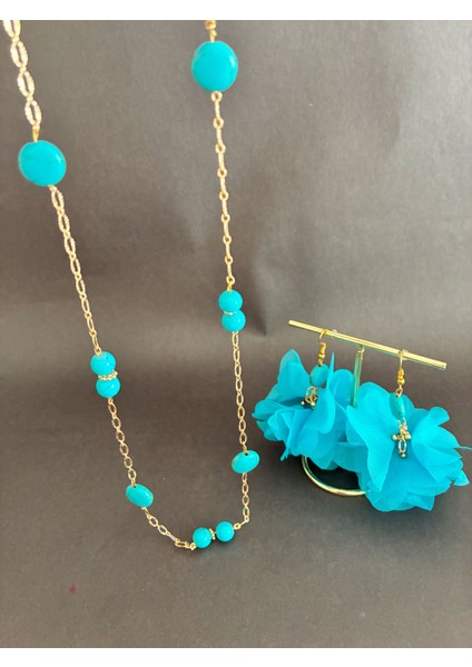 Mavi Çiçekli Turkuaz Doğal Taşlı Altın Kaplama Malzemeli Kolye ve Küpe Seti fiyatları