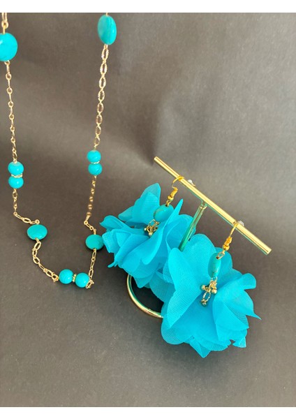 Mavi Çiçekli Turkuaz Doğal Taşlı Altın Kaplama Malzemeli Kolye ve Küpe Seti modelleri