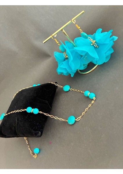 Mavi Çiçekli Turkuaz Doğal Taşlı Altın Kaplama Malzemeli Kolye ve Küpe Seti fırsatları