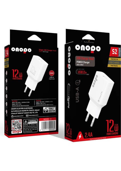 S2 12W 2.4A USB Şarj Adaptörü, Akıllı Koruma Sistemi, Kompakt ve Taşınabilir Tasarım - Telefon, Tablet, Powerbank ve USB Destekli Cihazlar Için Uyumludur