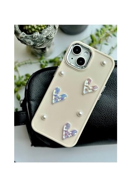 Aksesuar Iphone 14 Plus - 15 Plus Uyumlu Taş Kalp Tasarımlı Oyuncaklı Silikon Kılıf - Kremtaşkalp modelleri