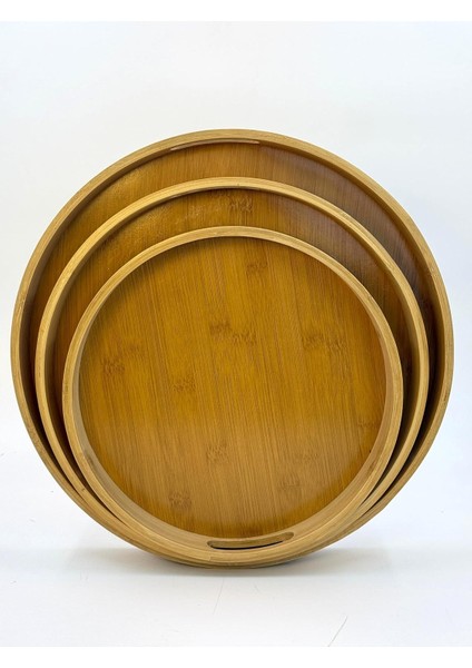 Home Bambu 3'lü Tepsi Seti - Sunum, Çay ve Servis Tepsisi, Doğal Bambu Ahşap Tepsi Takımı, Şık ve Dayanıklı Tasarım, Mutfak ve Sofralar Için Estetik Sunum Tepsisi (Yuvarlak)