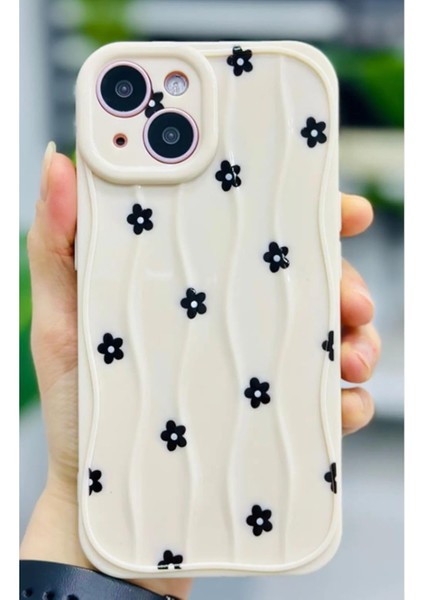 Aksesuar Iphone 13 ve 14 Uyumlu 3D Wavy Siyah Papatya Baskı Desenli Silikon Kılıf - Dalgalıpapatya