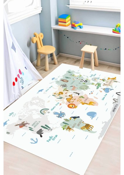 Dijital Kaymaz Yıkanabilir Sevimli Hayvanlar & Dünya Haritası Çocuk Halısı Oyun Halısı DC-9130