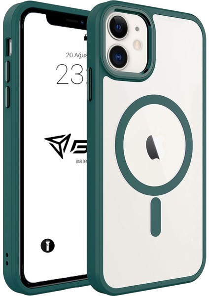Kılıf Wireless Şarj Özellikli Krom M-Safe Uyumlu Silikon Sararmaz Kapak (Yeşil, iPhone 11)